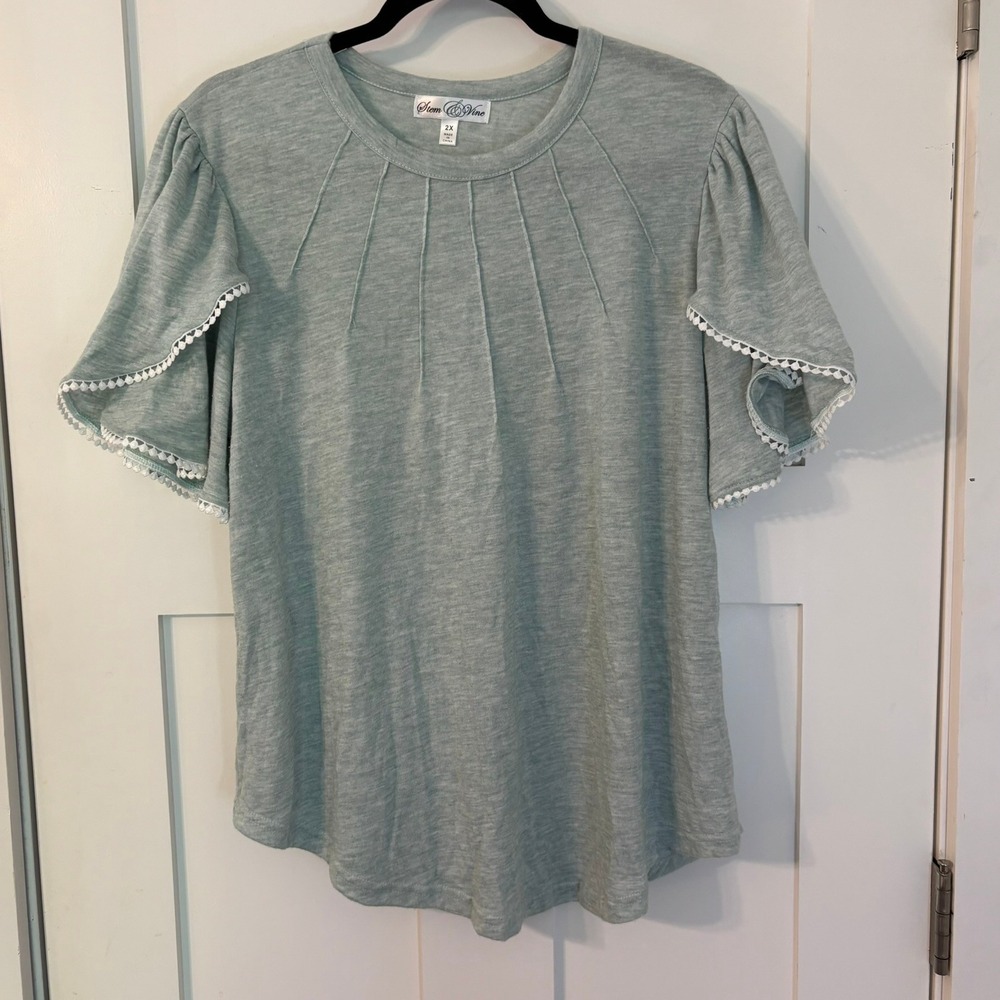 Stem & Vine 2X Sage Green Pintuck Flutter Sleeve Pom Pom Boho Peasant Top Chic